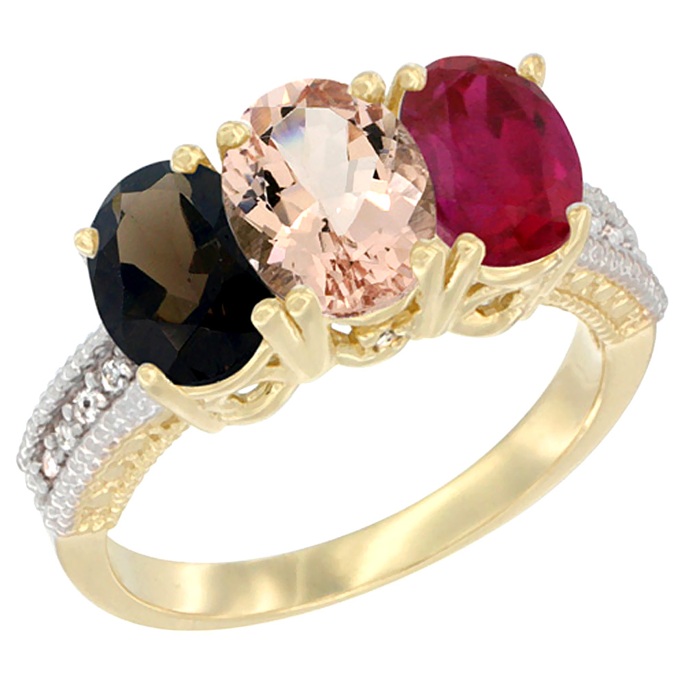 14K Yellow Gold Natural Smoky Topaz, Morganite & Enhanced Ruby Ring 3-Stone 7x5 mm Oval Diamond Accent, sizes 5 - 10
