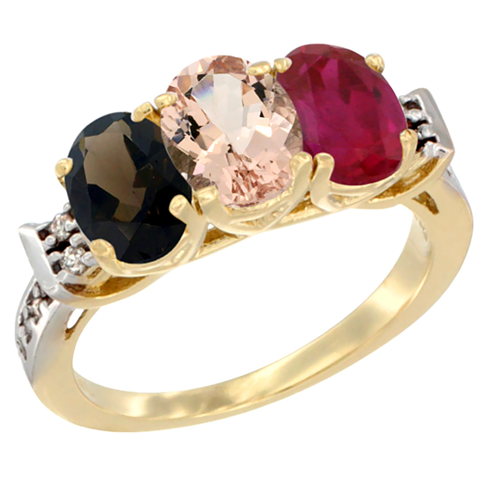 14K Yellow Gold Natural Smoky Topaz, Morganite &amp; Enhanced Ruby Ring 3-Stone Oval 7x5 mm Diamond Accent, sizes 5 - 10