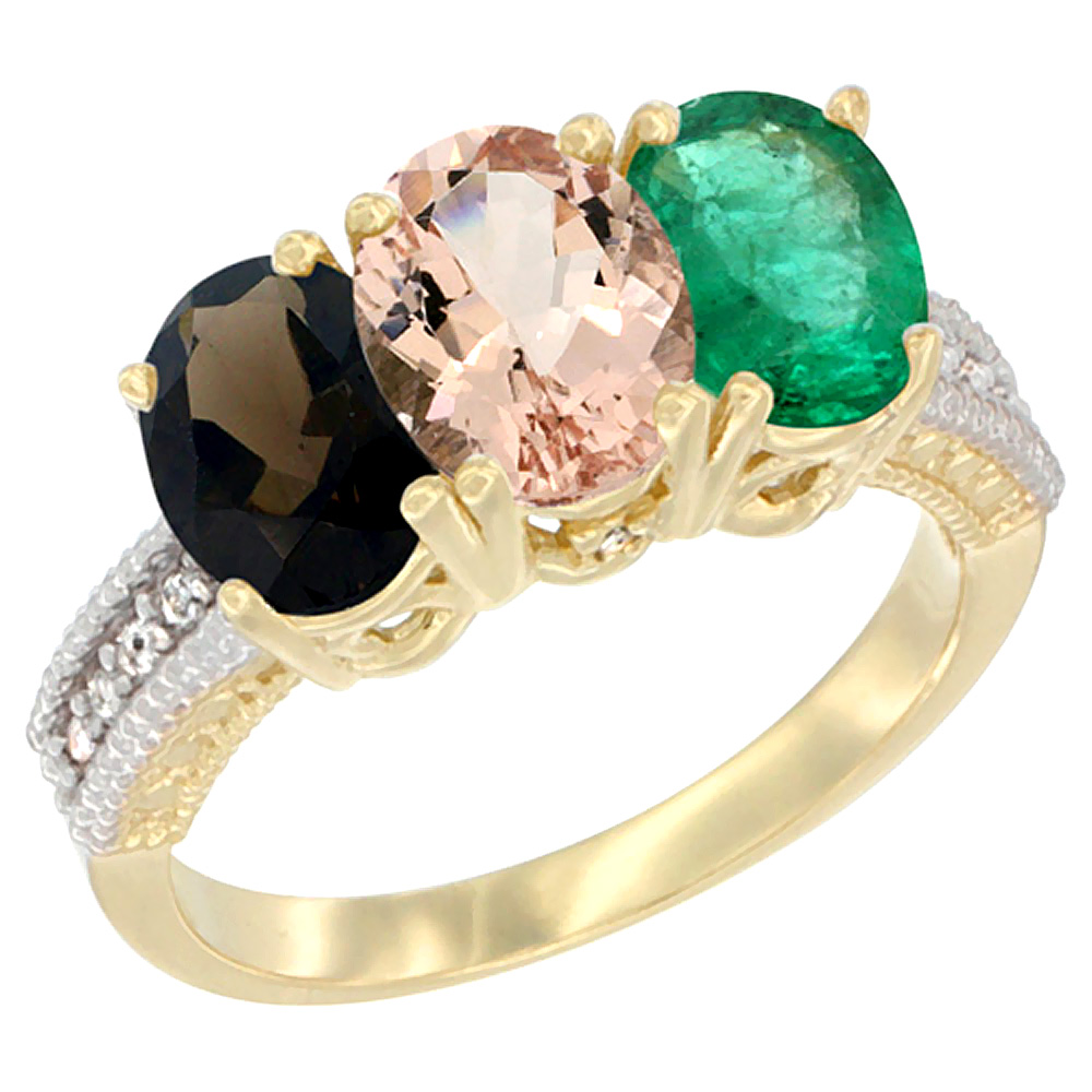14K Yellow Gold Natural Smoky Topaz, Morganite & Emerald Ring 3-Stone 7x5 mm Oval Diamond Accent, sizes 5 - 10