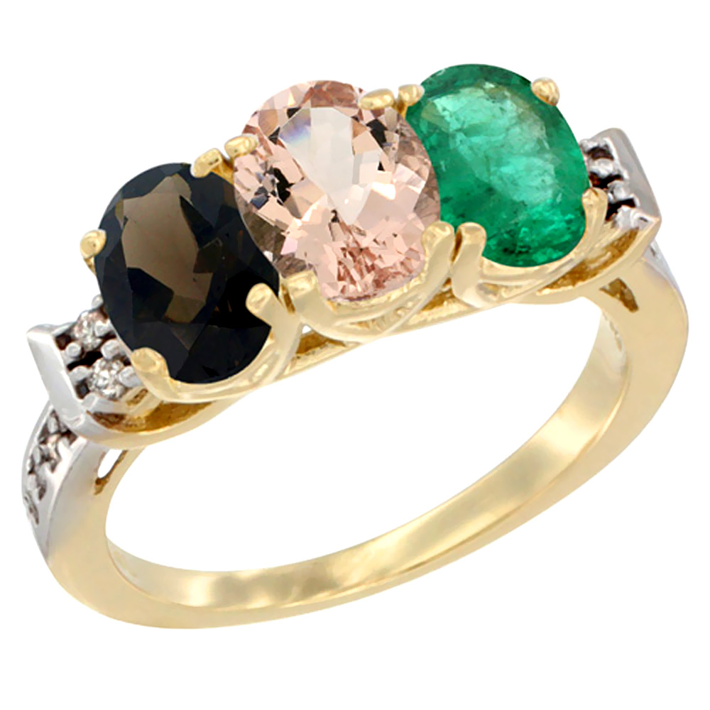 10K Yellow Gold Natural Smoky Topaz, Morganite & Emerald Ring 3-Stone Oval 7x5 mm Diamond Accent, sizes 5 - 10