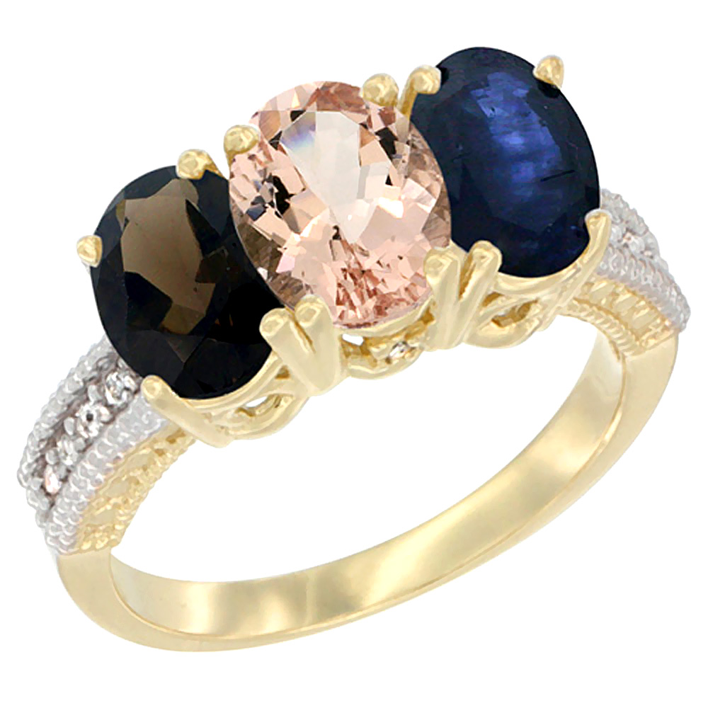 10K Yellow Gold Diamond Natural Smoky Topaz, Morganite & Blue Sapphire Ring 3-Stone 7x5 mm Oval, sizes 5 - 10