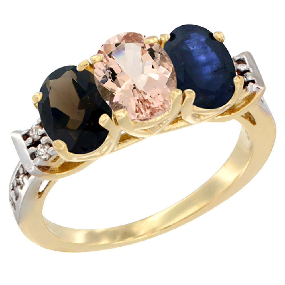 14K Yellow Gold Natural Smoky Topaz, Morganite &amp; Blue Sapphire Ring 3-Stone Oval 7x5 mm Diamond Accent, sizes 5 - 10