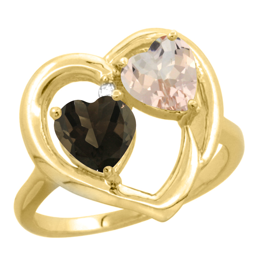 10K Yellow Gold Diamond Two-stone Heart Ring 6mm Natural Smoky Topaz &amp; Morganite, sizes 5-10