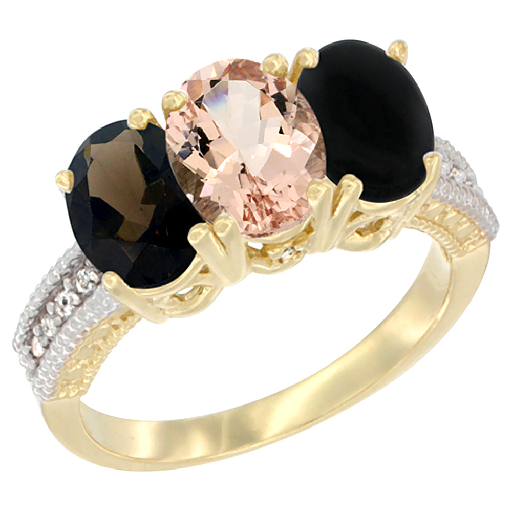 10K Yellow Gold Diamond Natural Smoky Topaz, Morganite & Black Onyx Ring 3-Stone 7x5 mm Oval, sizes 5 - 10