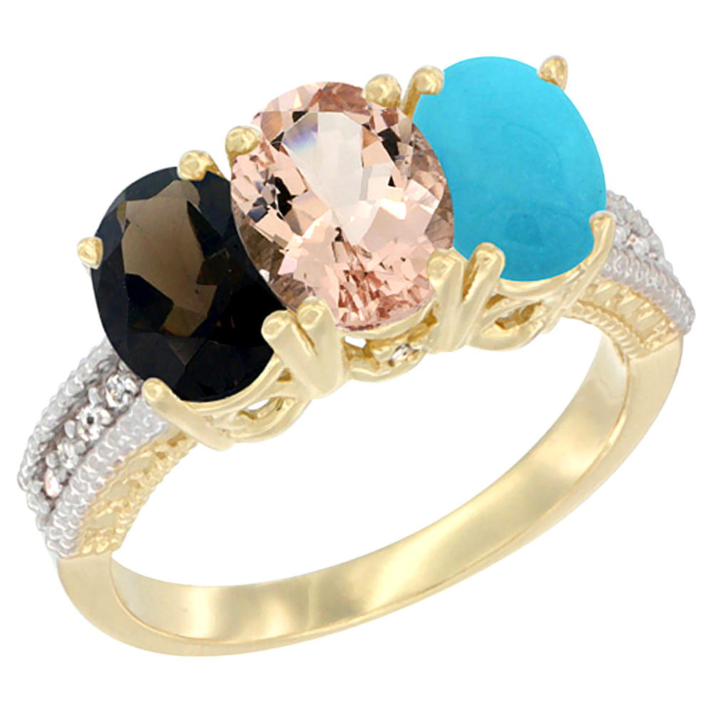 14K Yellow Gold Natural Smoky Topaz, Morganite &amp; Turquoise Ring 3-Stone 7x5 mm Oval Diamond Accent, sizes 5 - 10