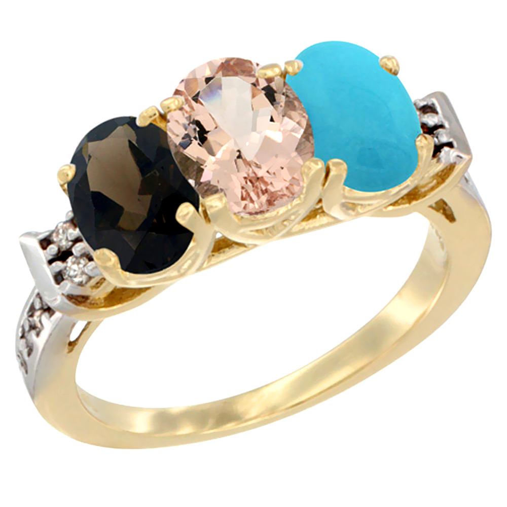 14K Yellow Gold Natural Smoky Topaz, Morganite &amp; Turquoise Ring 3-Stone Oval 7x5 mm Diamond Accent, sizes 5 - 10