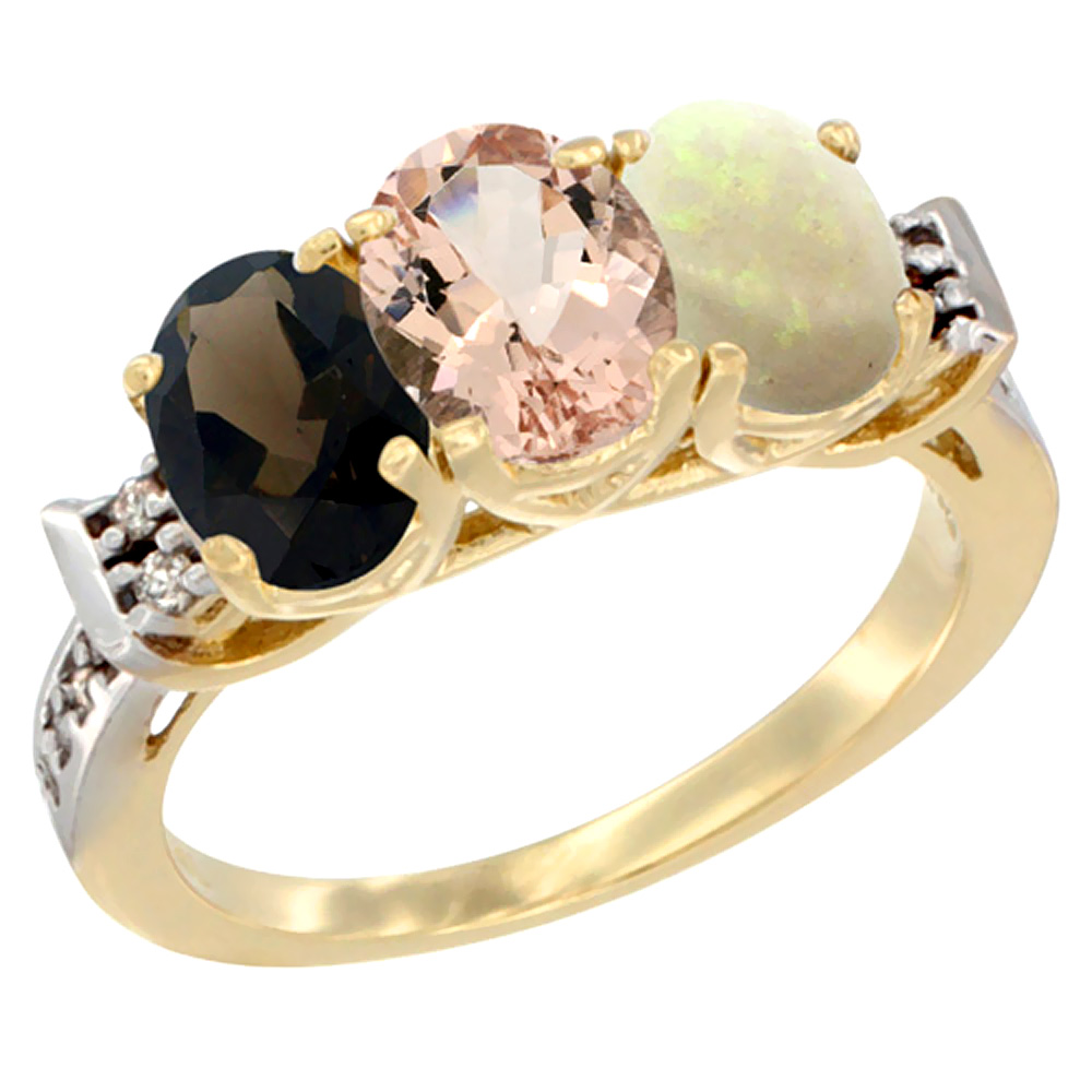 10K Yellow Gold Natural Smoky Topaz, Morganite &amp; Opal Ring 3-Stone Oval 7x5 mm Diamond Accent, sizes 5 - 10