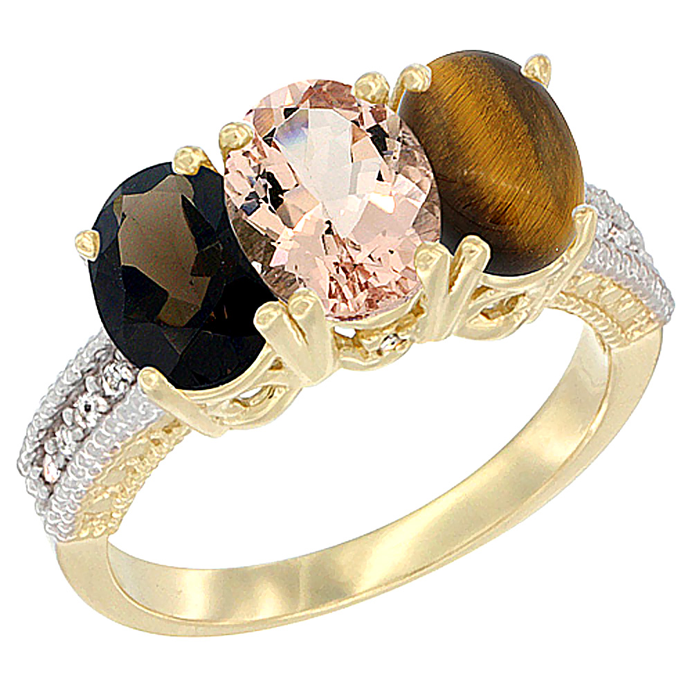 10K Yellow Gold Diamond Natural Smoky Topaz, Morganite & Tiger Eye Ring 3-Stone 7x5 mm Oval, sizes 5 - 10