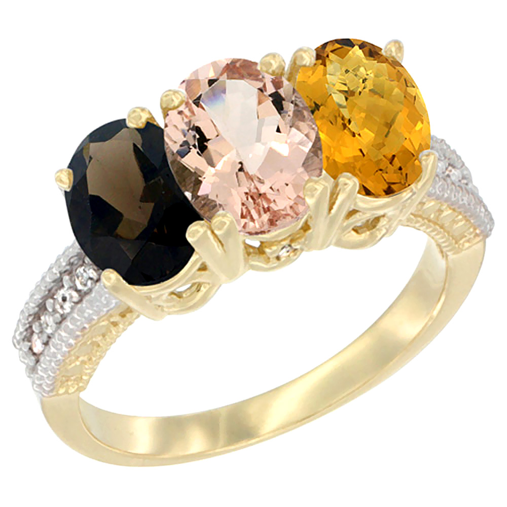 14K Yellow Gold Natural Smoky Topaz, Morganite & Whisky Quartz Ring 3-Stone 7x5 mm Oval Diamond Accent, sizes 5 - 10