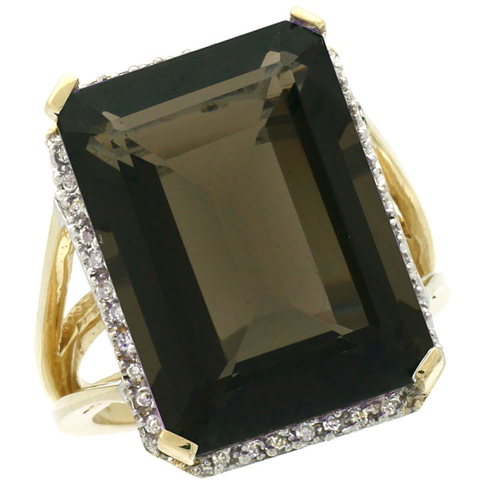 14K Yellow Gold Diamond Natural Smoky Topaz Ring Emerald-cut 18x13mm, sizes 5-10