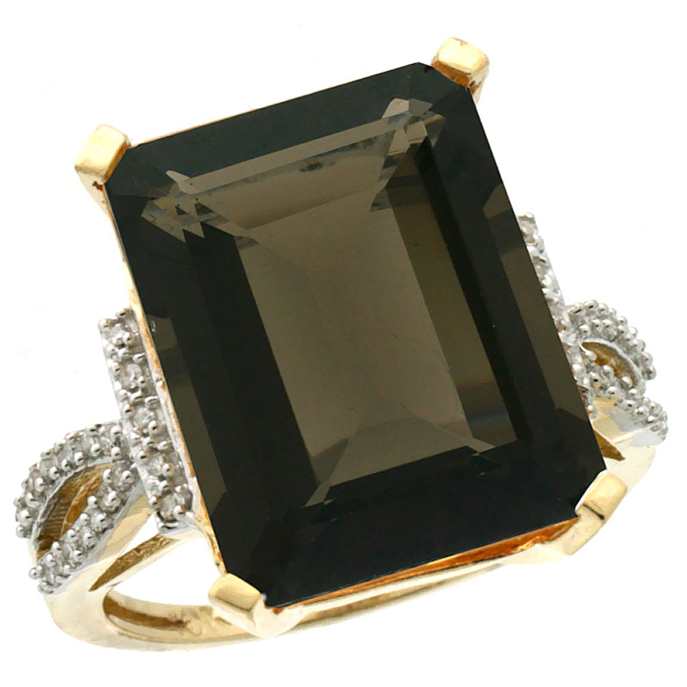 10K Yellow Gold Diamond Natural Smoky Topaz Ring Emerald-cut 16x12mm, sizes 5-10
