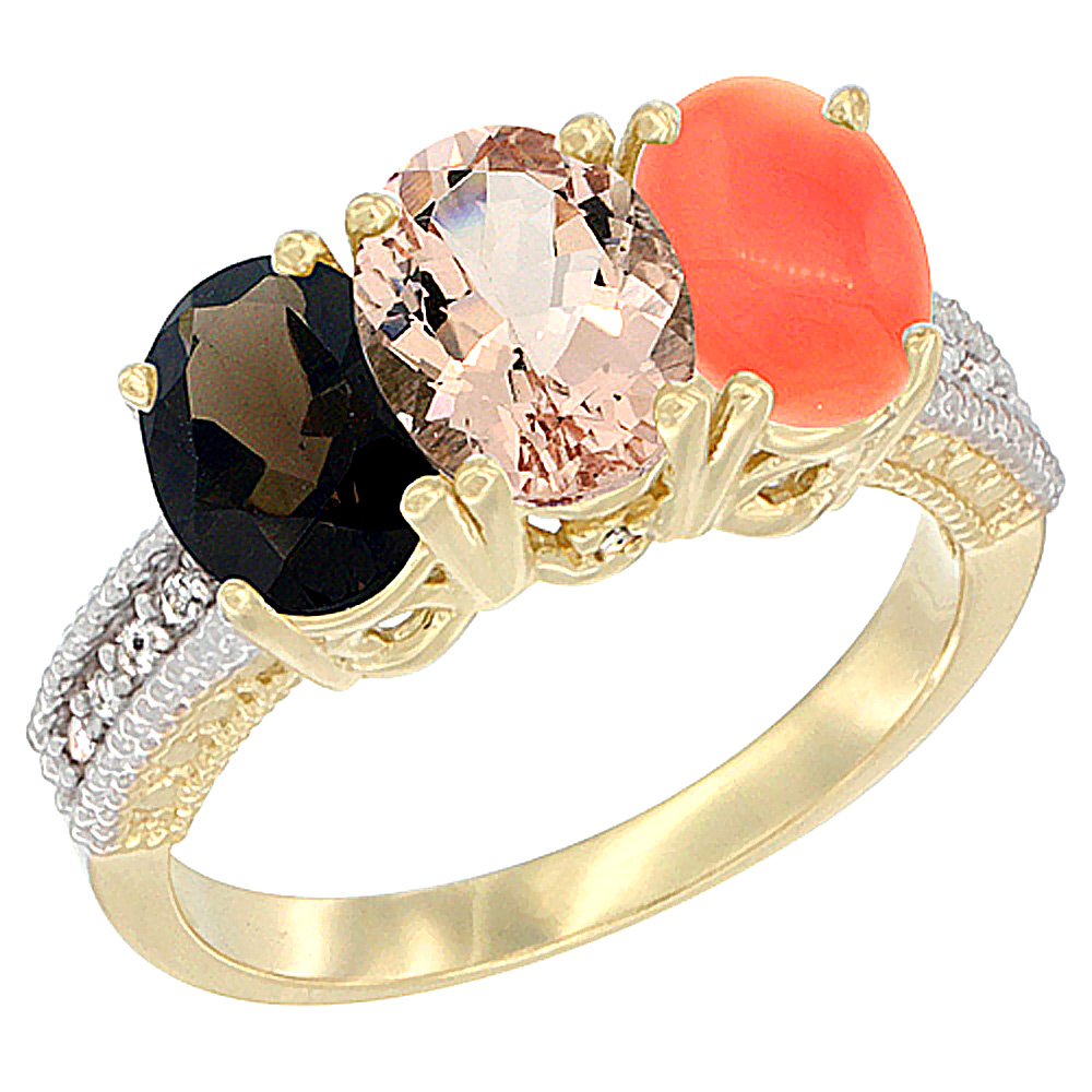14K Yellow Gold Natural Smoky Topaz, Morganite &amp; Coral Ring 3-Stone 7x5 mm Oval Diamond Accent, sizes 5 - 10