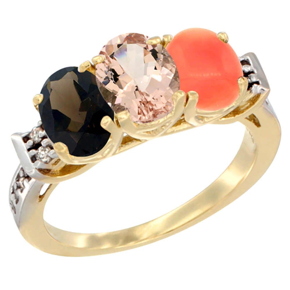 14K Yellow Gold Natural Smoky Topaz, Morganite &amp; Coral Ring 3-Stone Oval 7x5 mm Diamond Accent, sizes 5 - 10