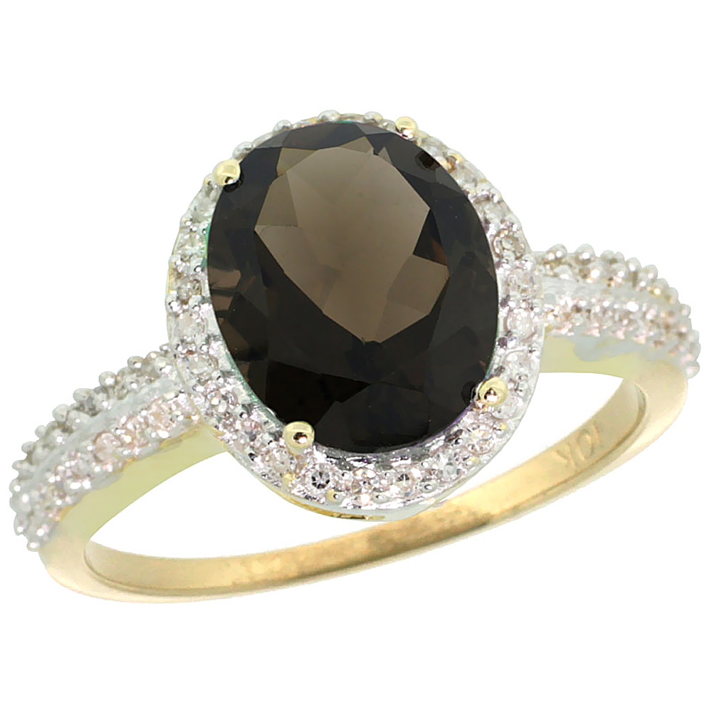 10K Yellow Gold Diamond Natural Smoky Topaz Engagement Ring Oval 10x8mm, sizes 5-10