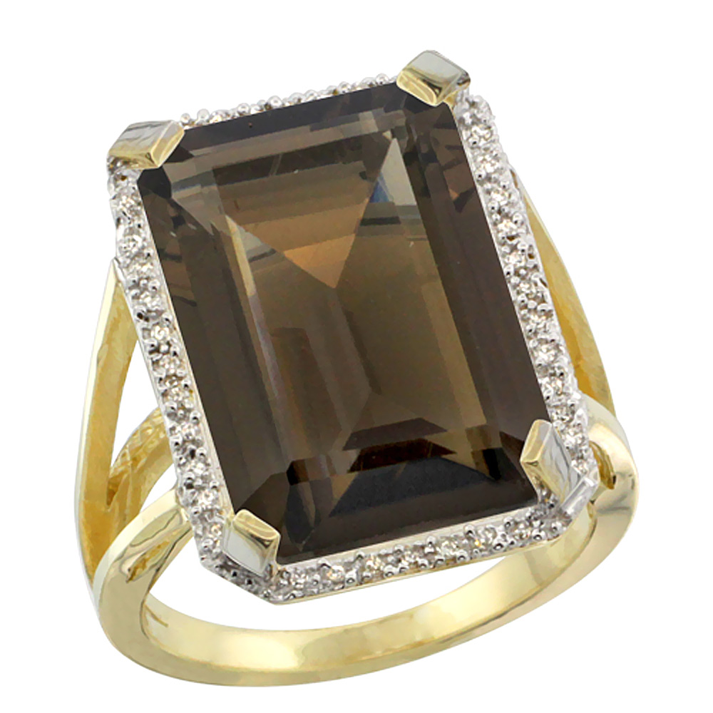 14K Yellow Gold Diamond Natural Smoky Topaz Ring Emerald-cut 18x13mm, sizes 5-10