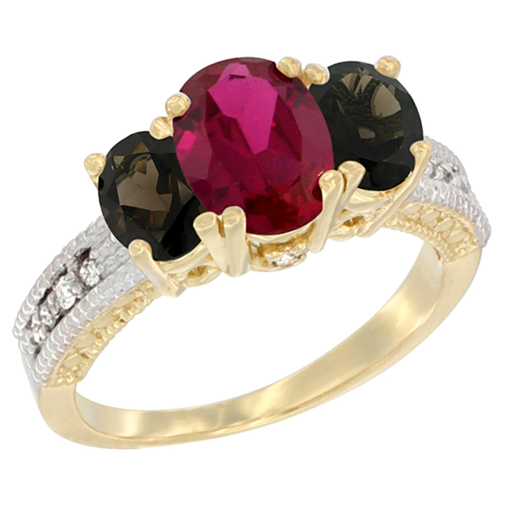 10K Yellow Gold Diamond Enhanced Ruby Ring Oval 3-stone with Smoky Topaz, sizes 5 - 10