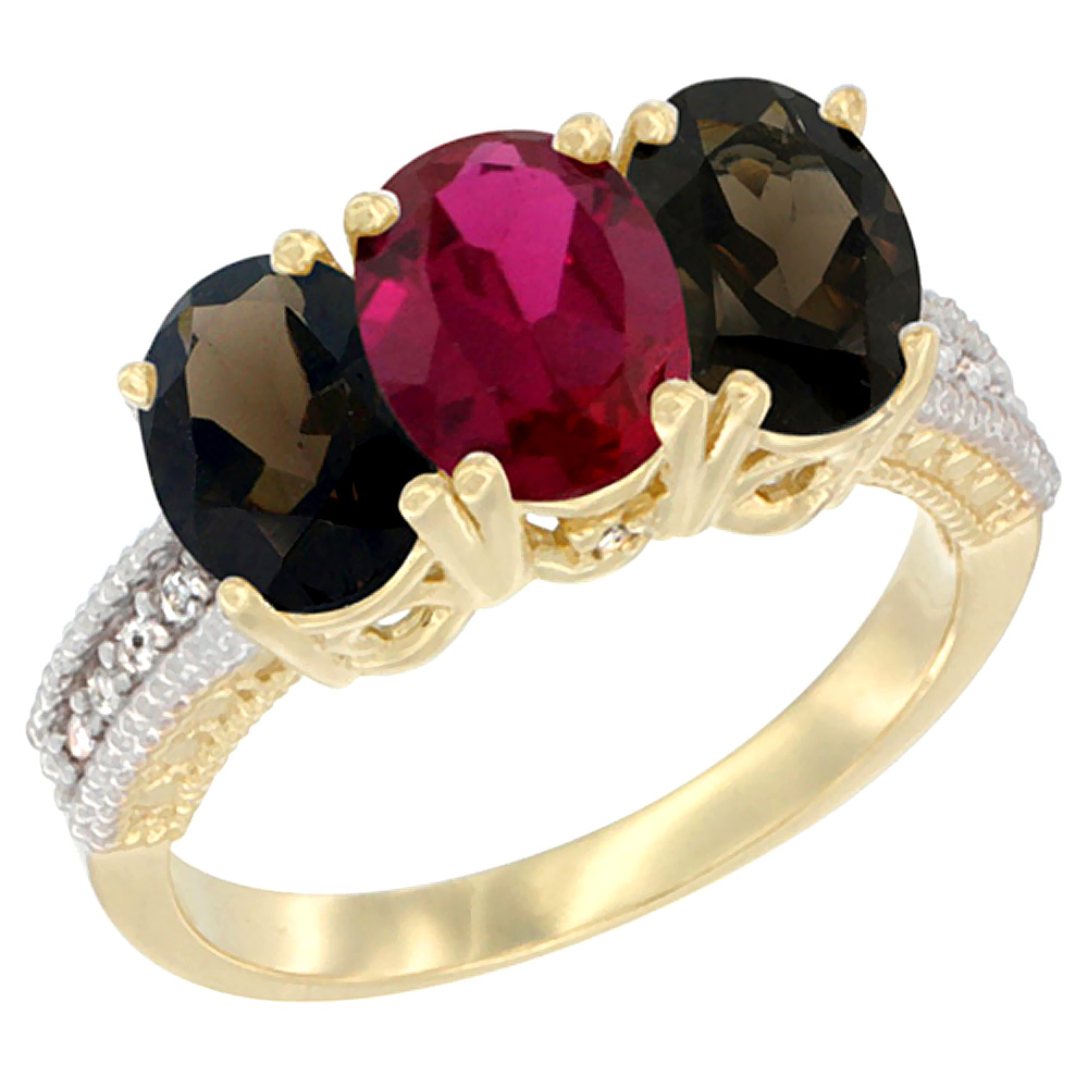 10K Yellow Gold Diamond Enhanced Ruby & Natural Smoky Topaz Ring 3-Stone 7x5 mm Oval, sizes 5 - 10