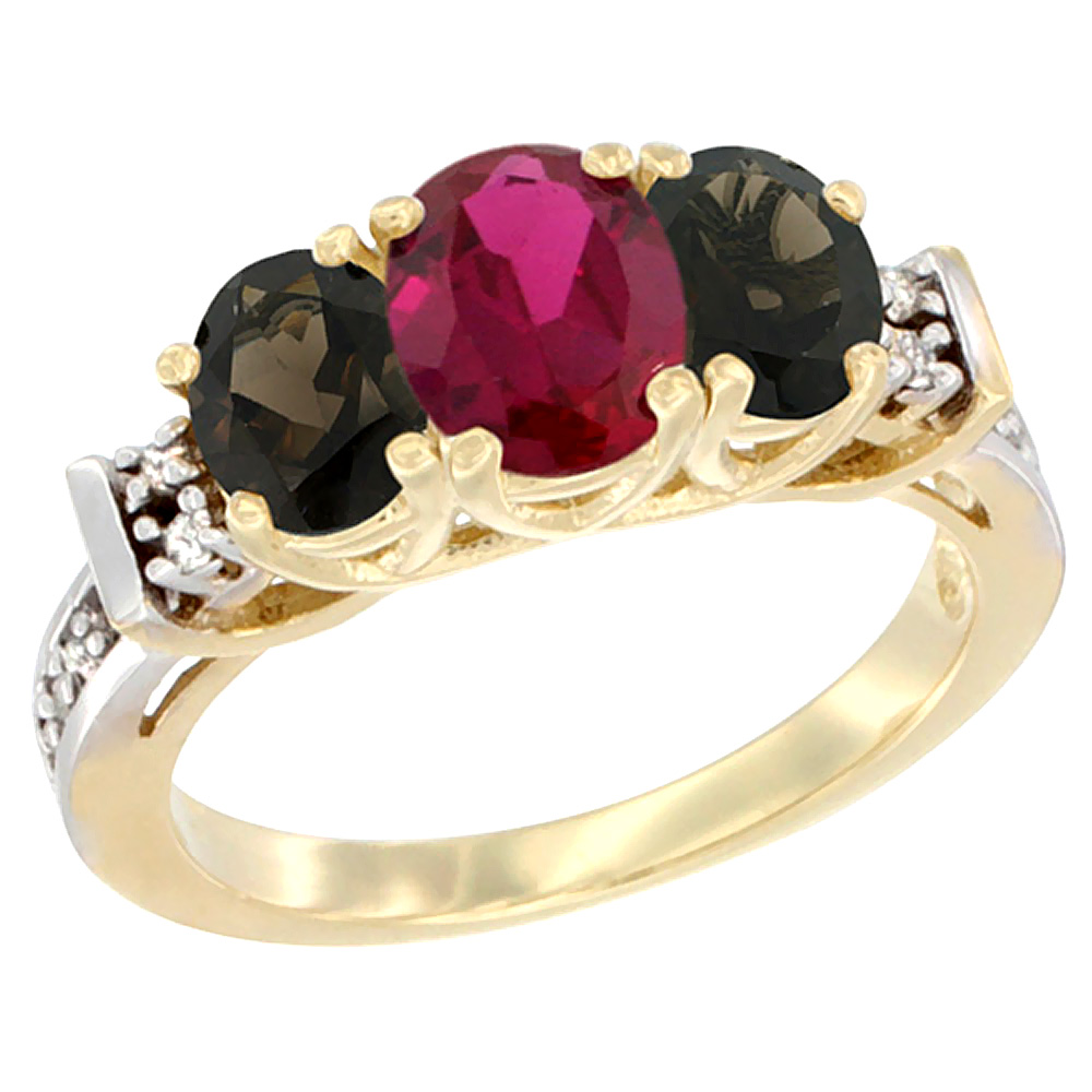 14K Yellow Gold Natural High Quality Ruby & Smoky Topaz Ring 3-Stone Oval Diamond Accent
