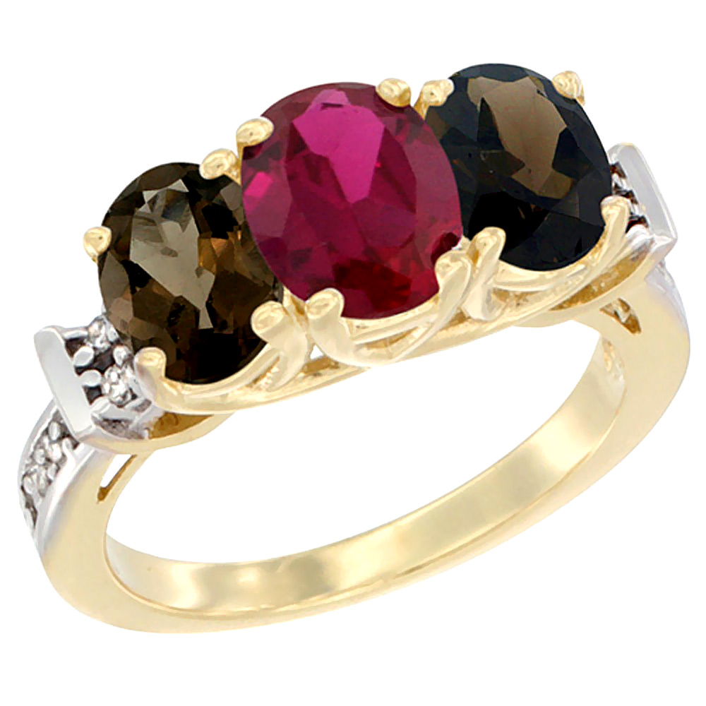 10K Yellow Gold Enhanced Ruby & Smoky Topaz Sides Ring 3-Stone Oval Diamond Accent, sizes 5 - 10