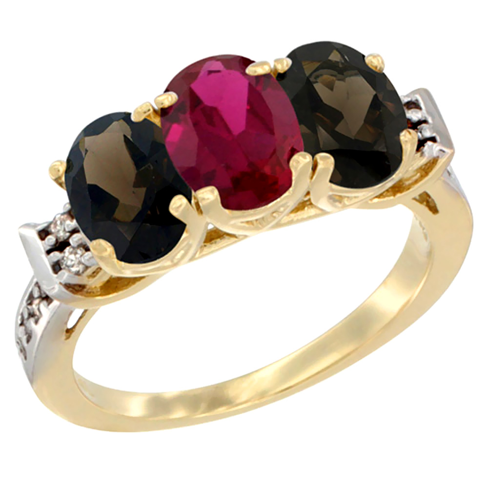 10K Yellow Gold Enhanced Ruby & Natural Smoky Topaz Sides Ring 3-Stone Oval 7x5 mm Diamond Accent, sizes 5 - 10