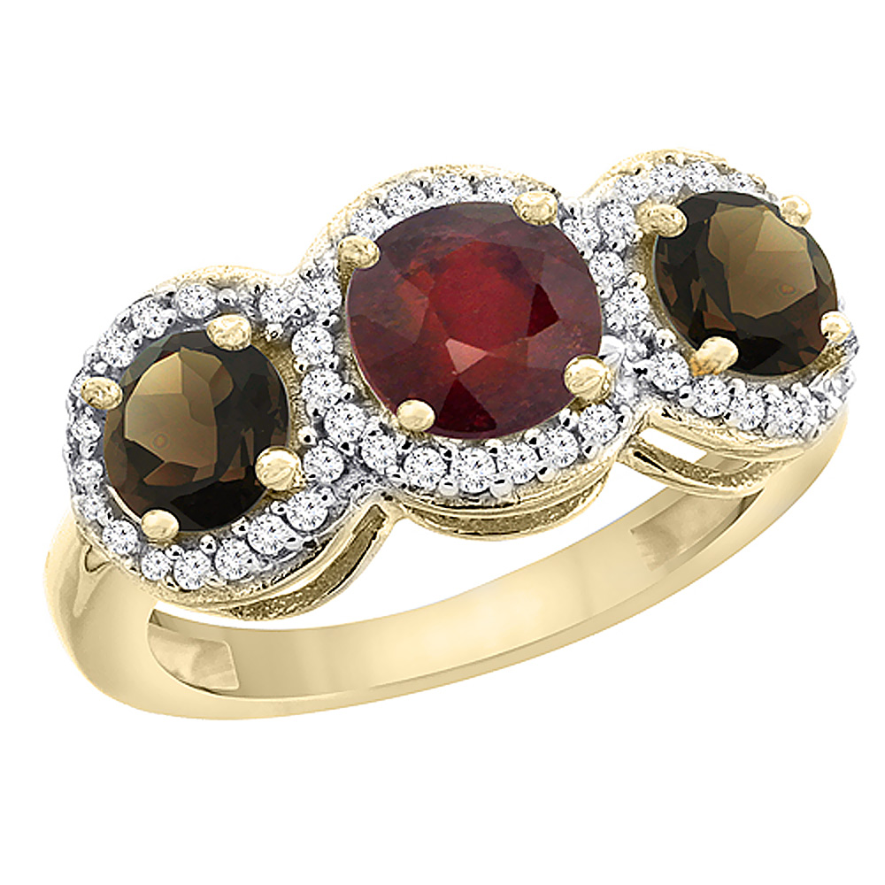 10K Yellow Gold Enhanced Ruby &amp; Smoky Topaz Sides Round 3-stone Ring Diamond Accents, sizes 5 - 10