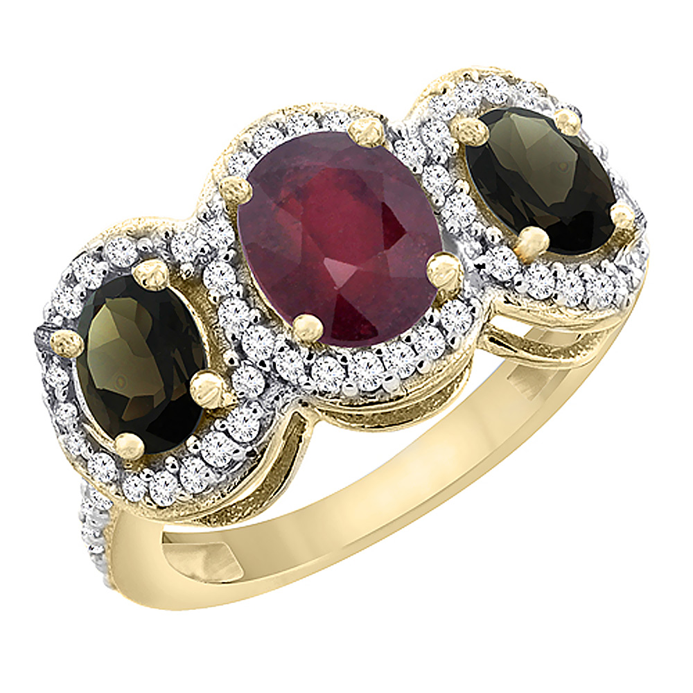 10K Yellow Gold Natural Quality Ruby &amp; Smoky Topaz 3-stone Mothers Ring Oval Diamond Accent, size 5 - 10