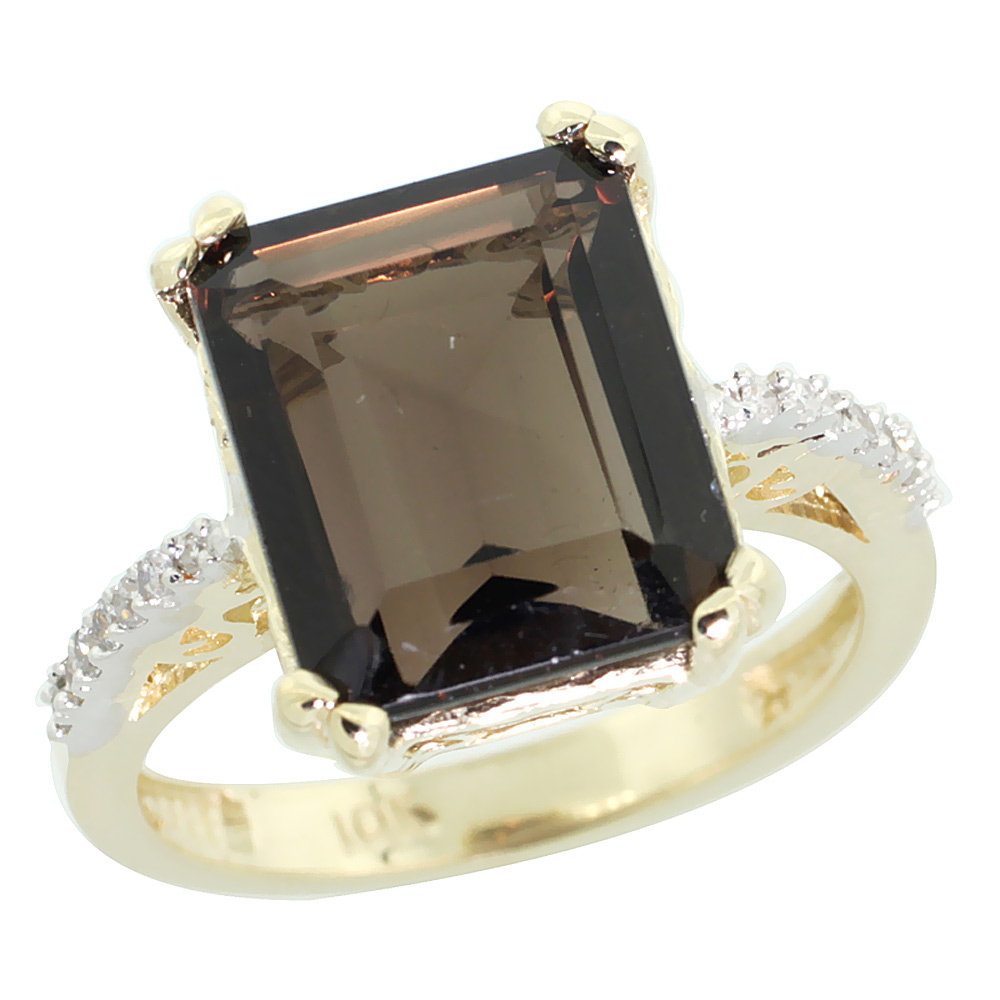 10K Yellow Gold Diamond Natural Smoky Topaz Ring Emerald-cut 12x10mm, sizes 5-10