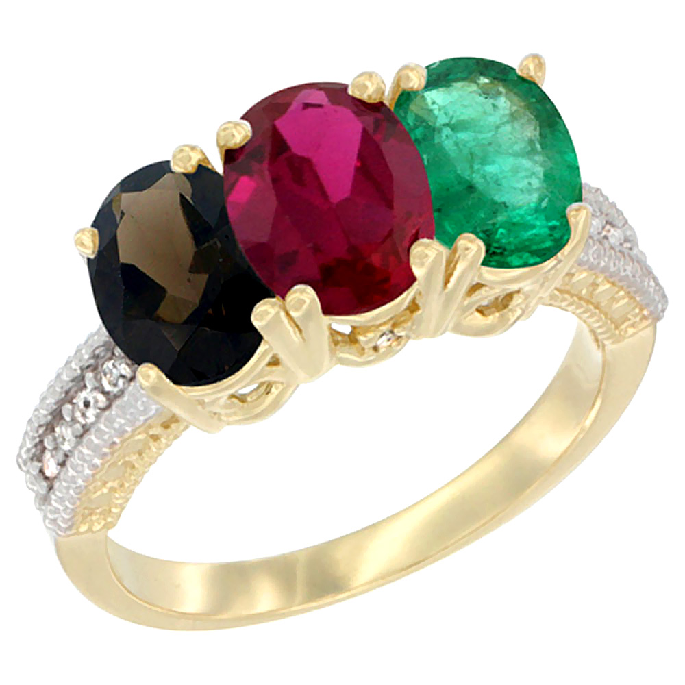 10K Yellow Gold Diamond Natural Smoky Topaz, Enhanced Ruby &amp; Natural Emerald Ring 3-Stone 7x5 mm Oval, sizes 5 - 10