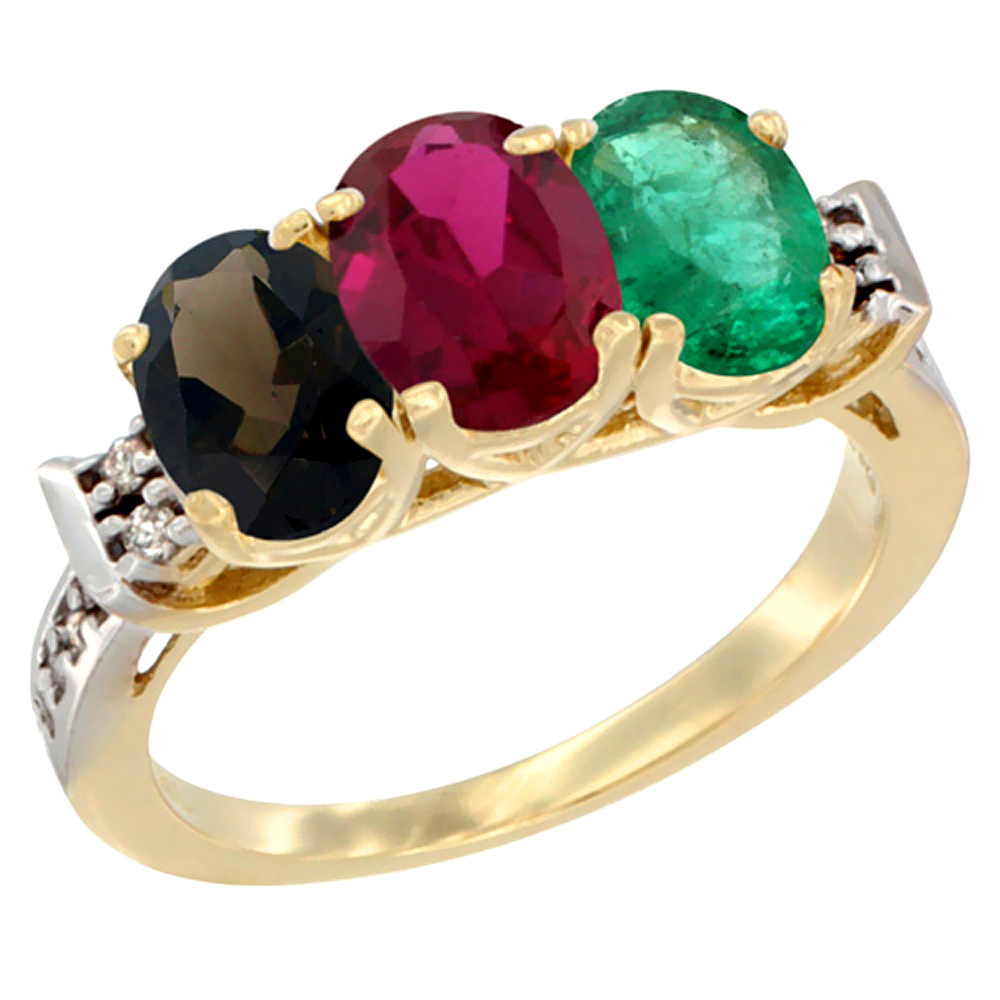 10K Yellow Gold Natural Smoky Topaz, Enhanced Ruby &amp; Natural Emerald Ring 3-Stone Oval 7x5 mm Diamond Accent, sizes 5 - 10