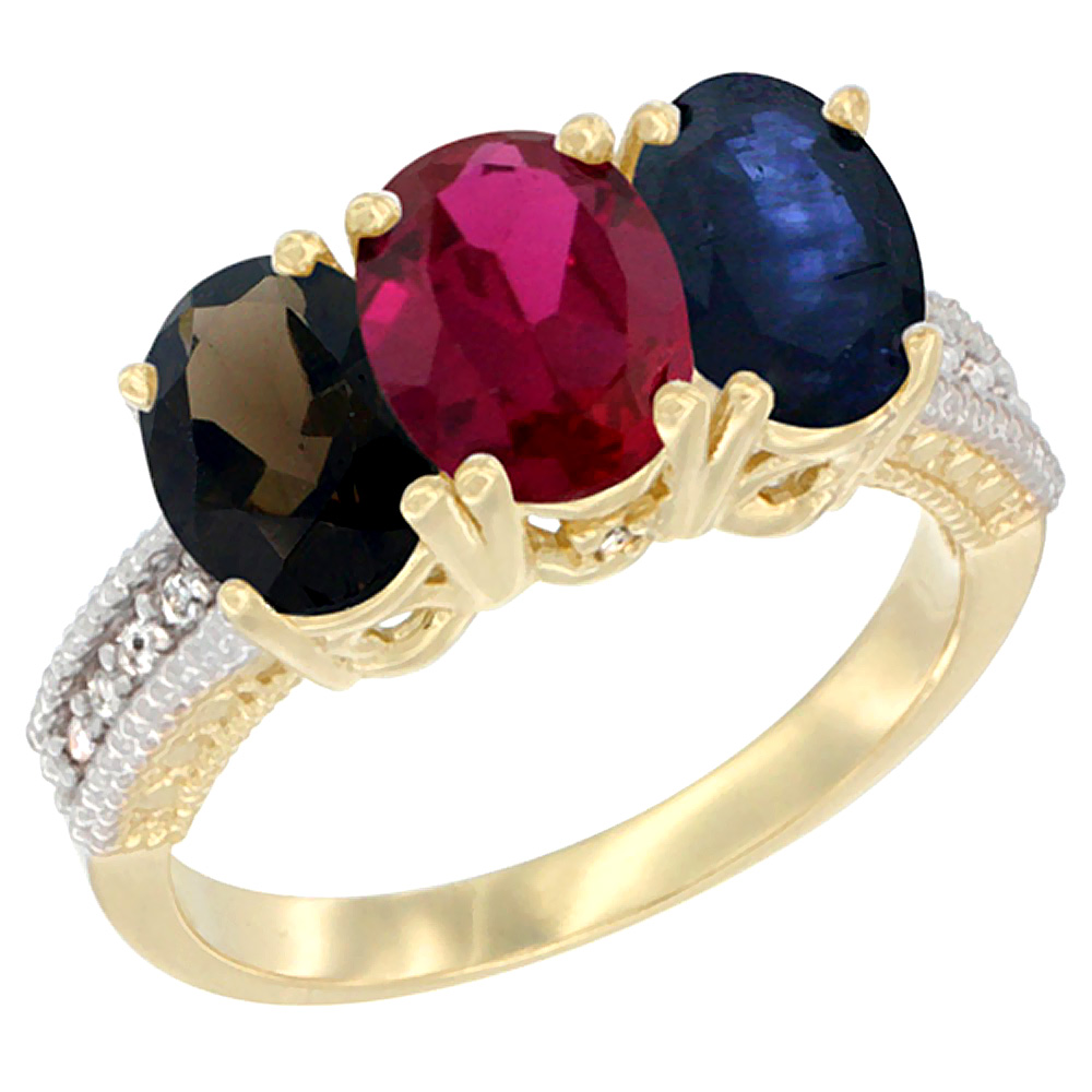 10K Yellow Gold Diamond Natural Smoky Topaz, Enhanced Ruby &amp; Natural Blue Sapphire Ring 3-Stone 7x5 mm Oval, sizes 5 - 10