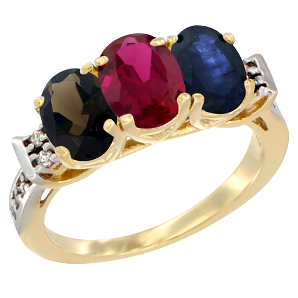 14K Yellow Gold Natural Smoky Topaz, Enhanced Ruby &amp; Natural Blue Sapphire Ring 3-Stone Oval 7x5 mm Diamond Accent, sizes 5 - 10