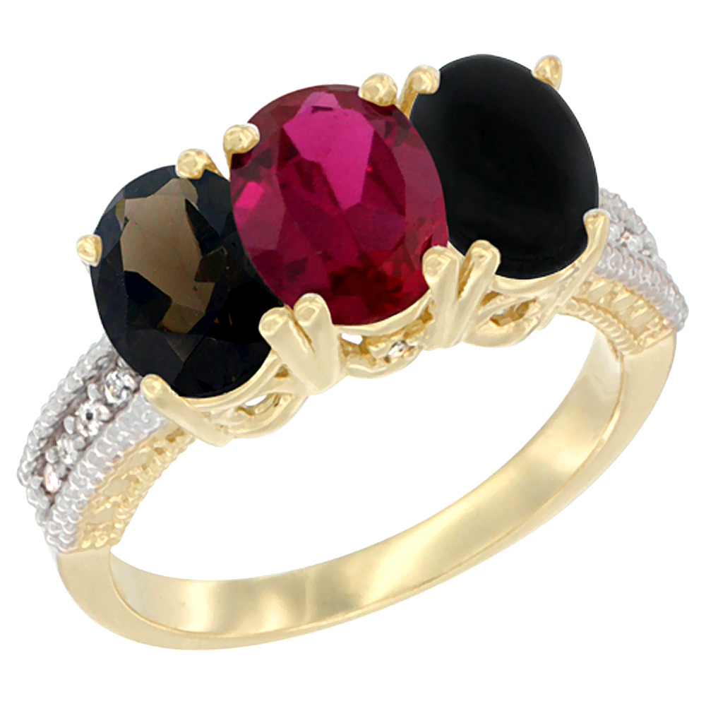 10K Yellow Gold Diamond Natural Smoky Topaz, Enhanced Ruby &amp; Natural Black Onyx Ring 3-Stone 7x5 mm Oval, sizes 5 - 10