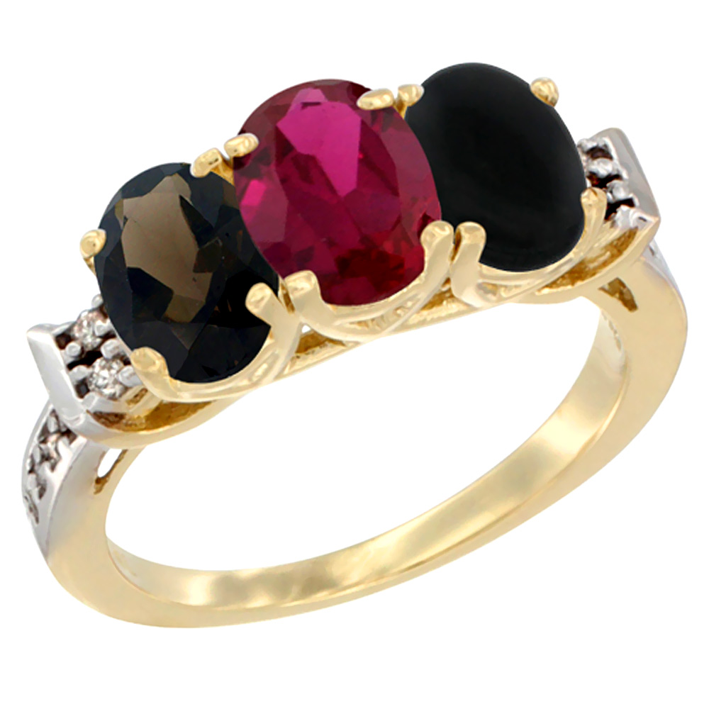 10K Yellow Gold Natural Smoky Topaz, Enhanced Ruby &amp; Natural Black Onyx Ring 3-Stone Oval 7x5 mm Diamond Accent, sizes 5 - 10