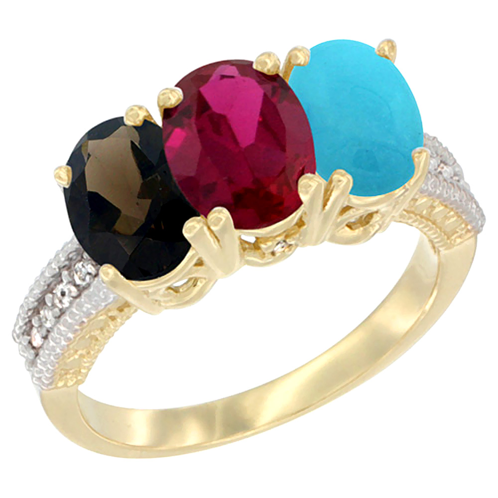 14K Yellow Gold Natural Smoky Topaz, Enhanced Ruby & Natural Turquoise Ring 3-Stone 7x5 mm Oval Diamond Accent, sizes 5 - 10