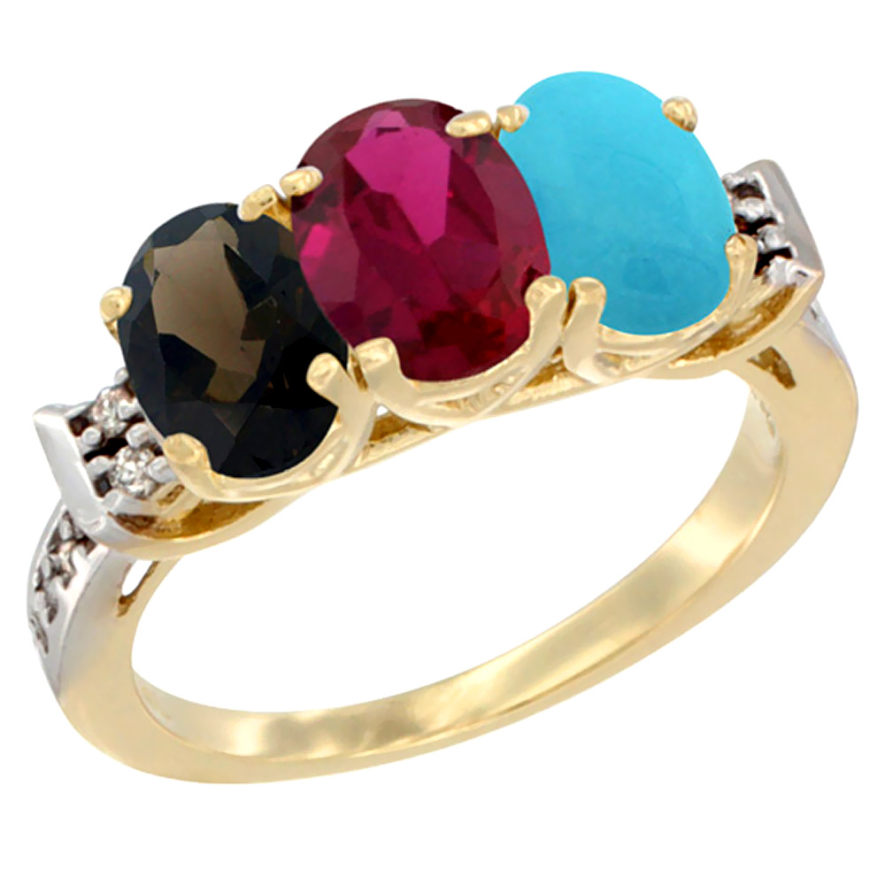 10K Yellow Gold Natural Smoky Topaz, Enhanced Ruby & Natural Turquoise Ring 3-Stone Oval 7x5 mm Diamond Accent, sizes 5 - 10