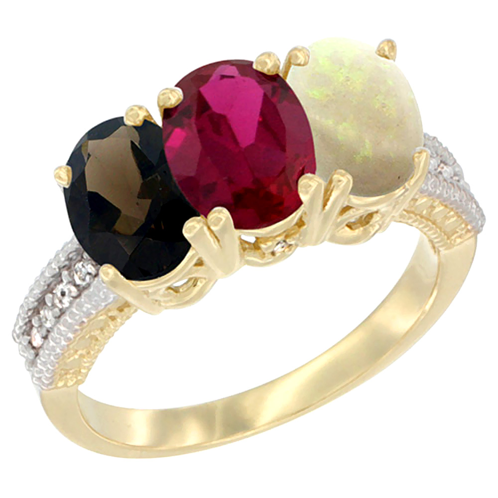 10K Yellow Gold Diamond Natural Smoky Topaz, Enhanced Ruby & Natural Opal Ring 3-Stone 7x5 mm Oval, sizes 5 - 10