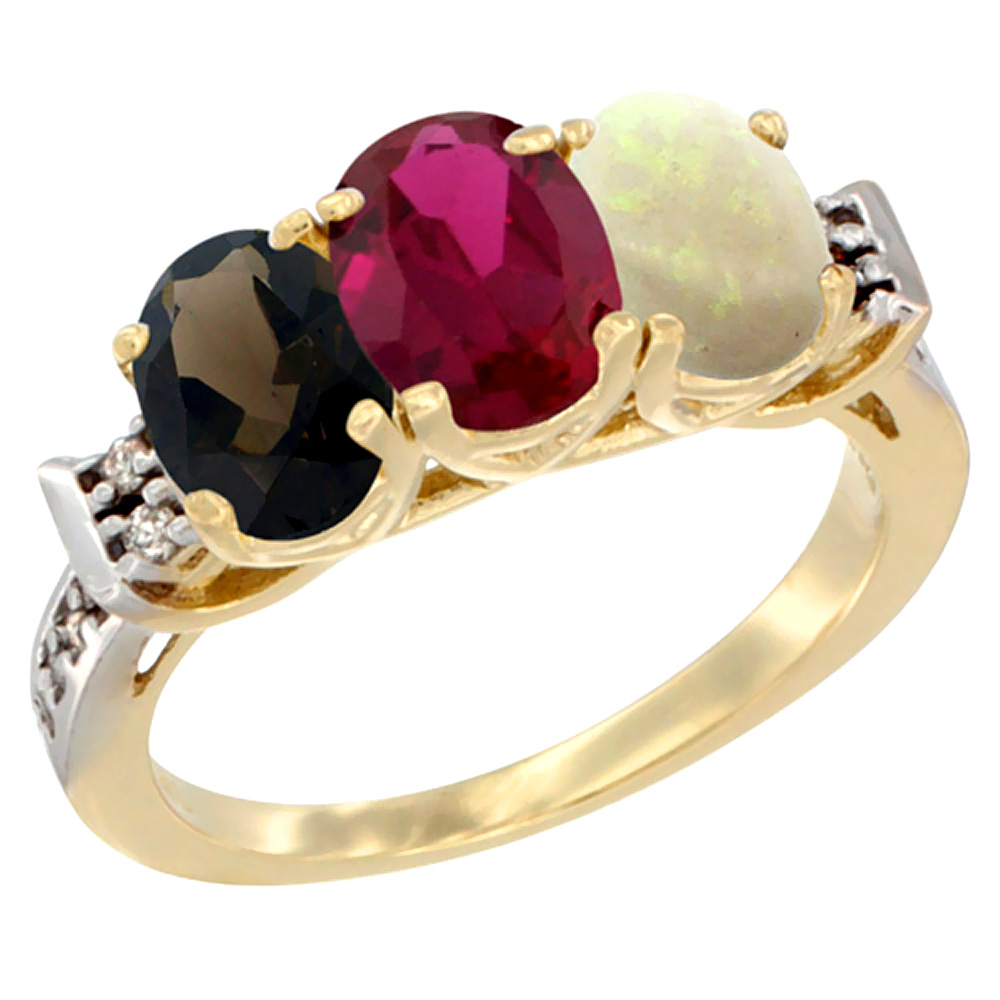 10K Yellow Gold Natural Smoky Topaz, Enhanced Ruby & Natural Opal Ring 3-Stone Oval 7x5 mm Diamond Accent, sizes 5 - 10