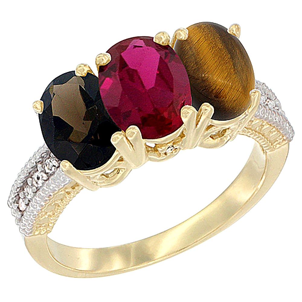 14K Yellow Gold Natural Smoky Topaz, Enhanced Ruby &amp; Natural Tiger Eye Ring 3-Stone 7x5 mm Oval Diamond Accent, sizes 5 - 10