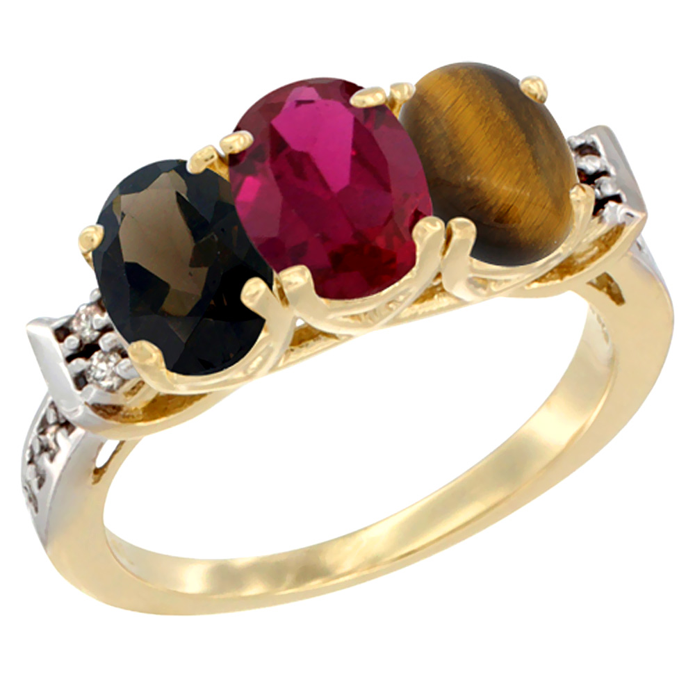 14K Yellow Gold Natural Smoky Topaz, Enhanced Ruby &amp; Natural Tiger Eye Ring 3-Stone Oval 7x5 mm Diamond Accent, sizes 5 - 10