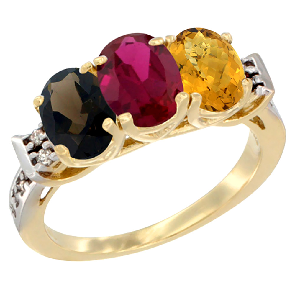 14K Yellow Gold Natural Smoky Topaz, Enhanced Ruby &amp; Natural Whisky Quartz Ring 3-Stone Oval 7x5 mm Diamond Accent, sizes 5 - 10