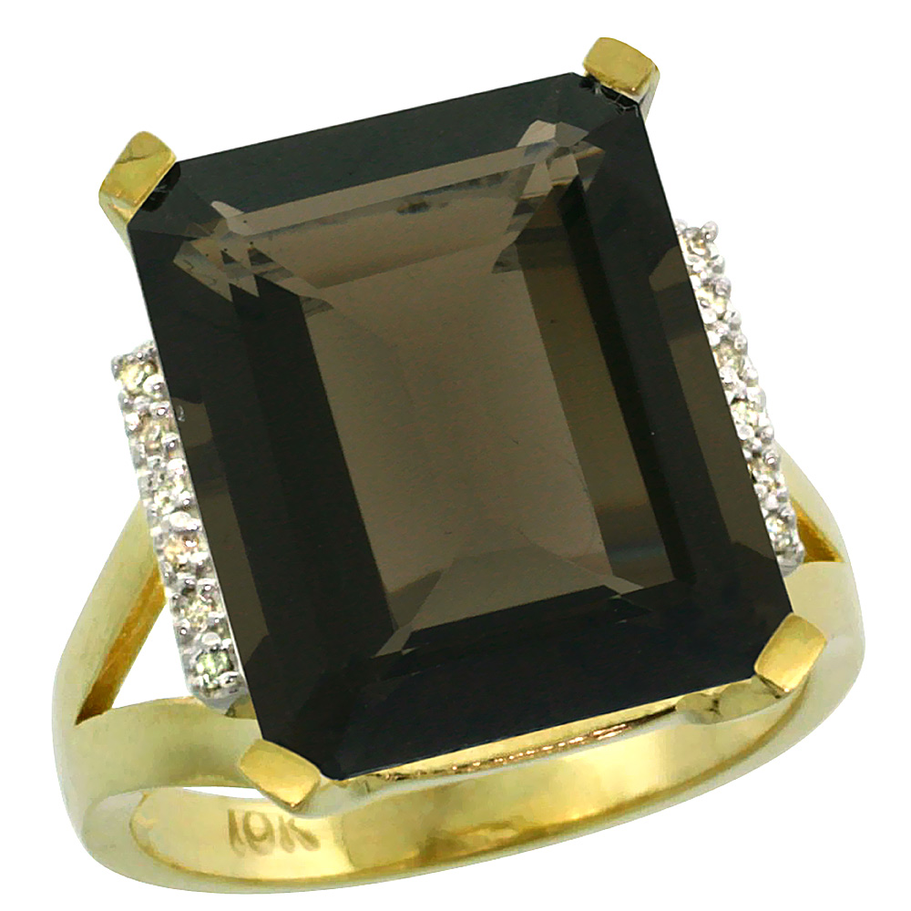 10K Yellow Gold Diamond Natural Smoky Topaz Ring Emerald-cut 16x12mm, sizes 5-10