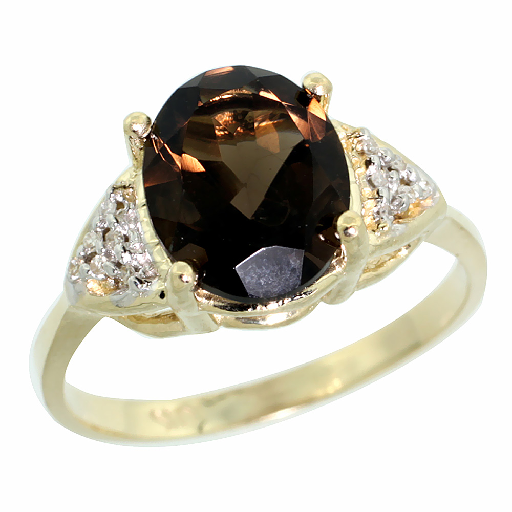 10K Yellow Gold Diamond Natural Smoky Topaz Engagement Ring Oval 10x8mm, sizes 5-10