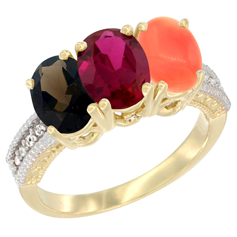 10K Yellow Gold Diamond Natural Smoky Topaz, Enhanced Ruby & Natural Coral Ring 3-Stone 7x5 mm Oval, sizes 5 - 10