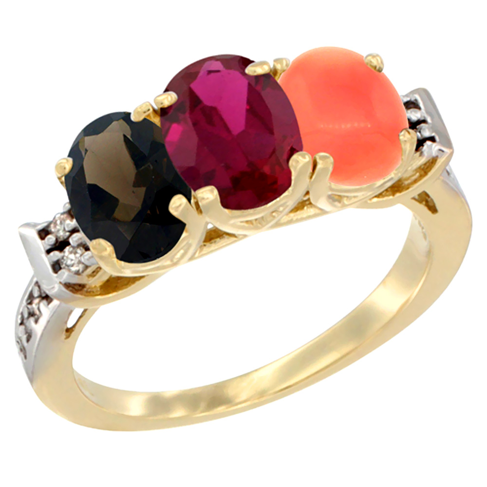 10K Yellow Gold Natural Smoky Topaz, Enhanced Ruby & Natural Coral Ring 3-Stone Oval 7x5 mm Diamond Accent, sizes 5 - 10