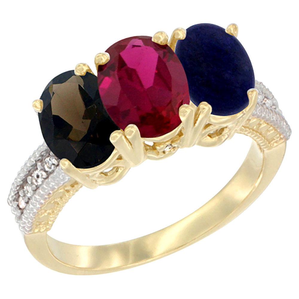 14K Yellow Gold Natural Smoky Topaz, Enhanced Ruby & Natural Lapis Ring 3-Stone 7x5 mm Oval Diamond Accent, sizes 5 - 10