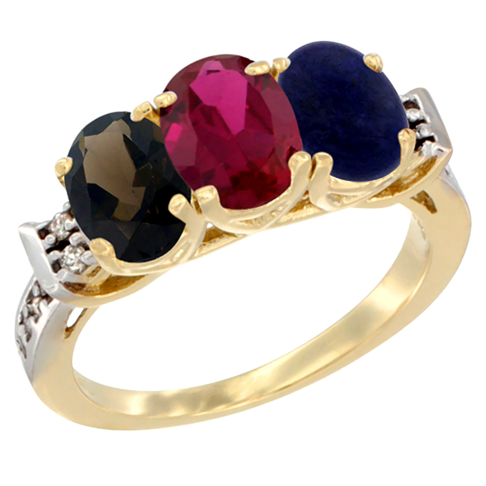 10K Yellow Gold Natural Smoky Topaz, Enhanced Ruby & Natural Lapis Ring 3-Stone Oval 7x5 mm Diamond Accent, sizes 5 - 10