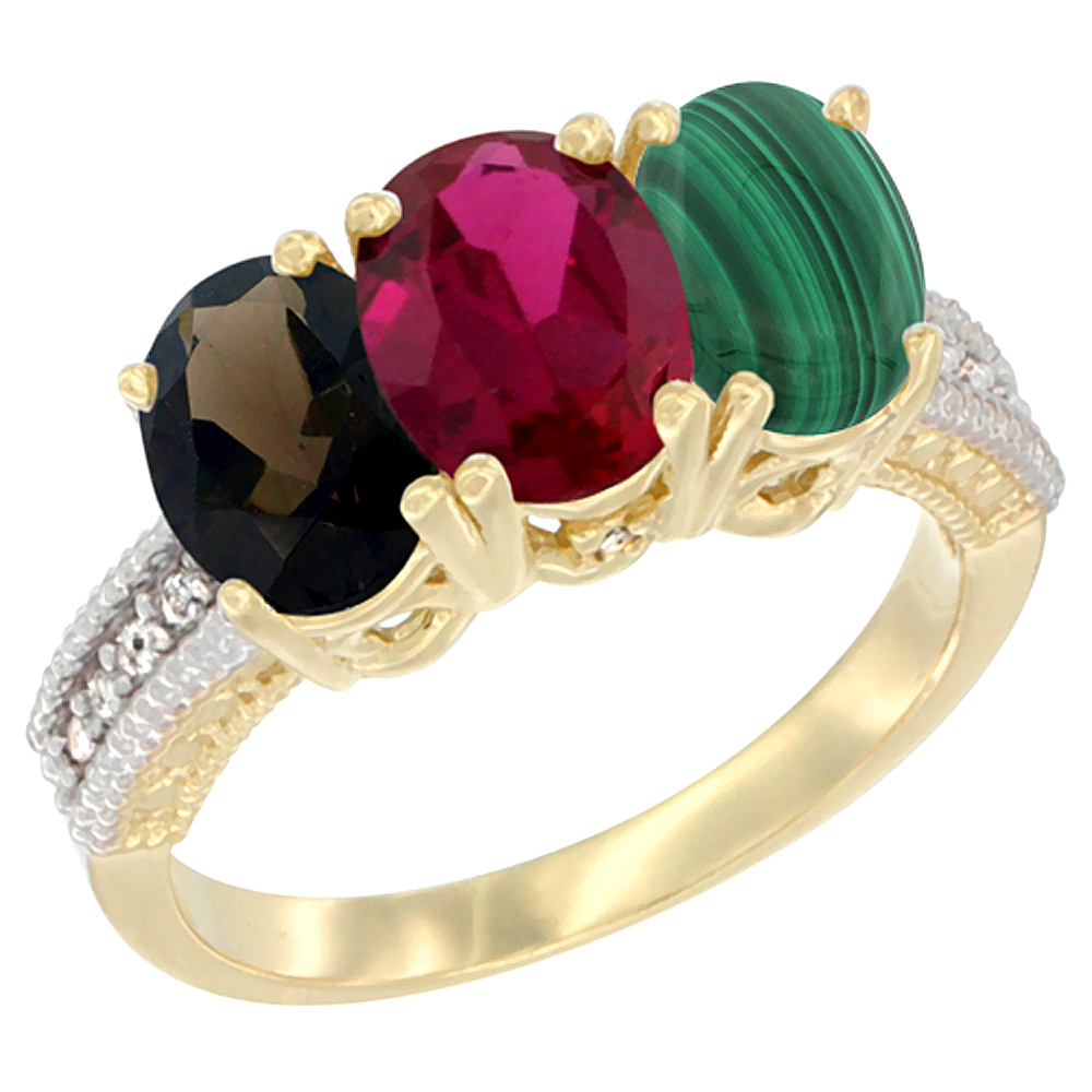 14K Yellow Gold Natural Smoky Topaz, Enhanced Ruby &amp; Natural Malachite Ring 3-Stone 7x5 mm Oval Diamond Accent, sizes 5 - 10
