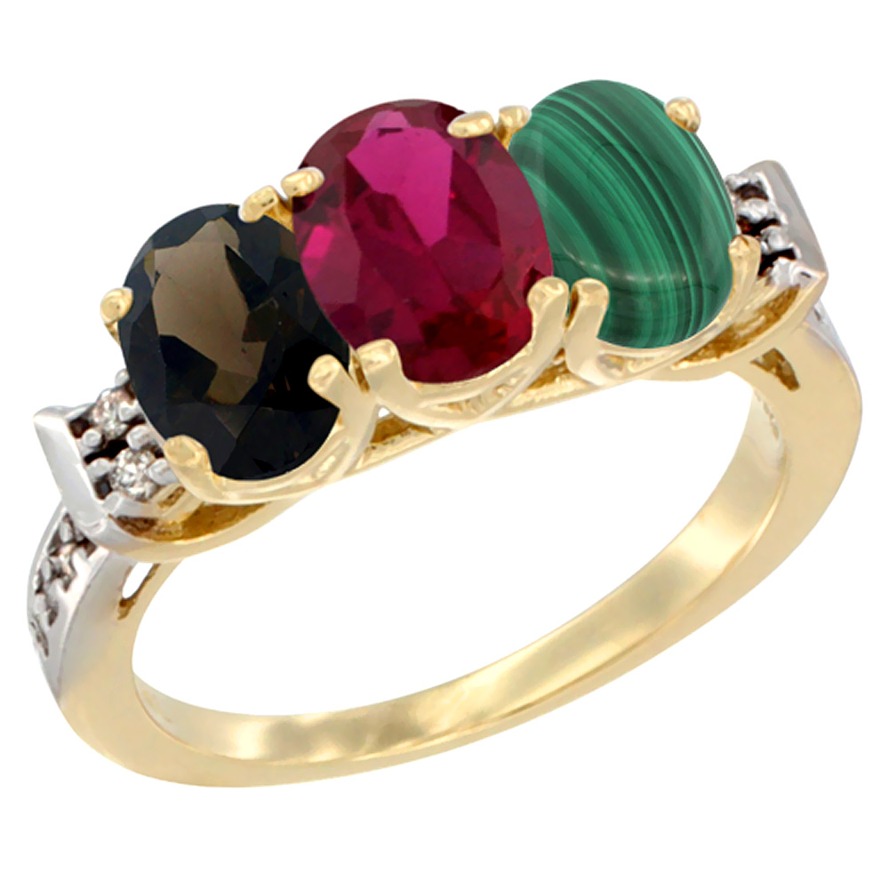 14K Yellow Gold Natural Smoky Topaz, Enhanced Ruby &amp; Natural Malachite Ring 3-Stone Oval 7x5 mm Diamond Accent, sizes 5 - 10