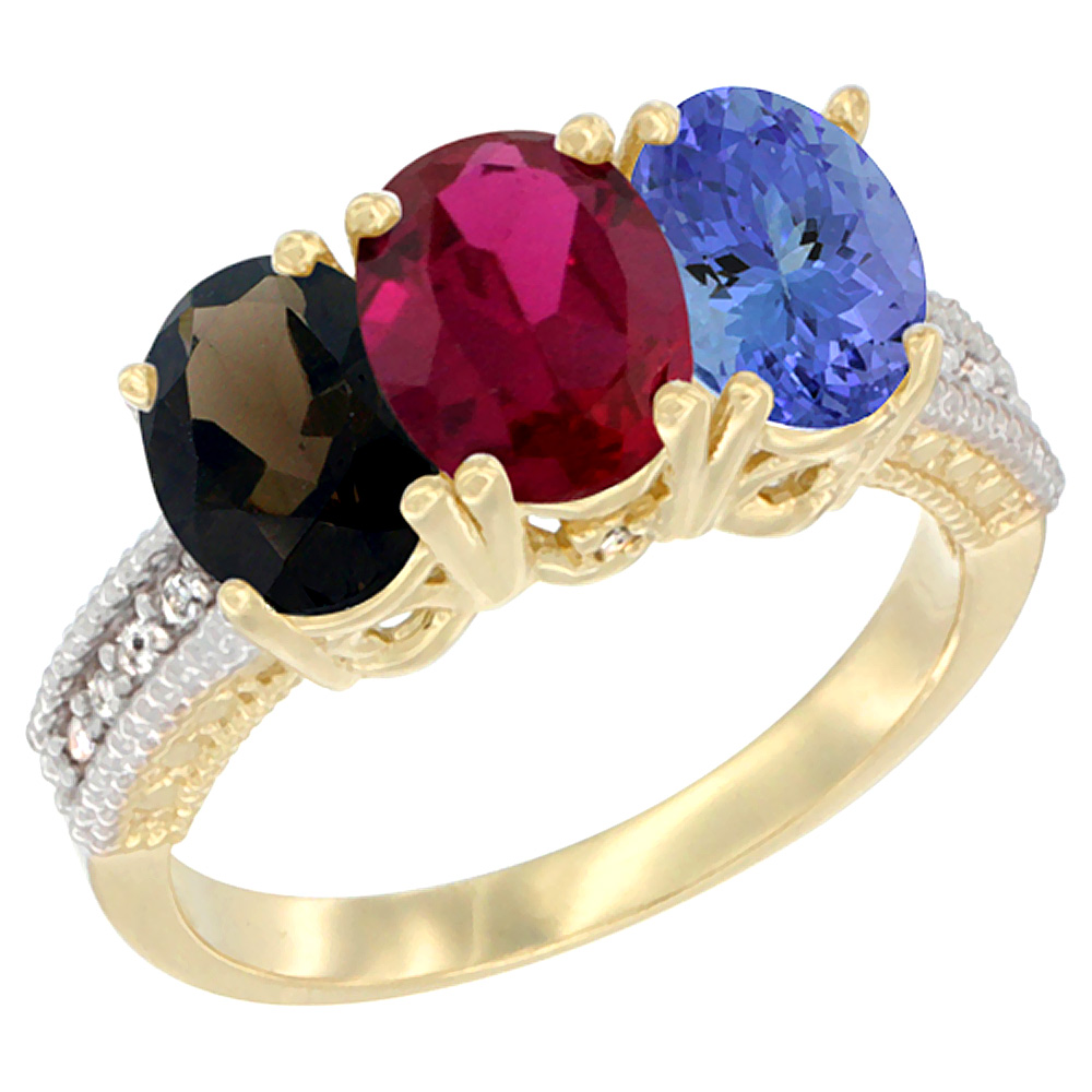 14K Yellow Gold Natural Smoky Topaz, Enhanced Ruby &amp; Natural Tanzanite Ring 3-Stone 7x5 mm Oval Diamond Accent, sizes 5 - 10