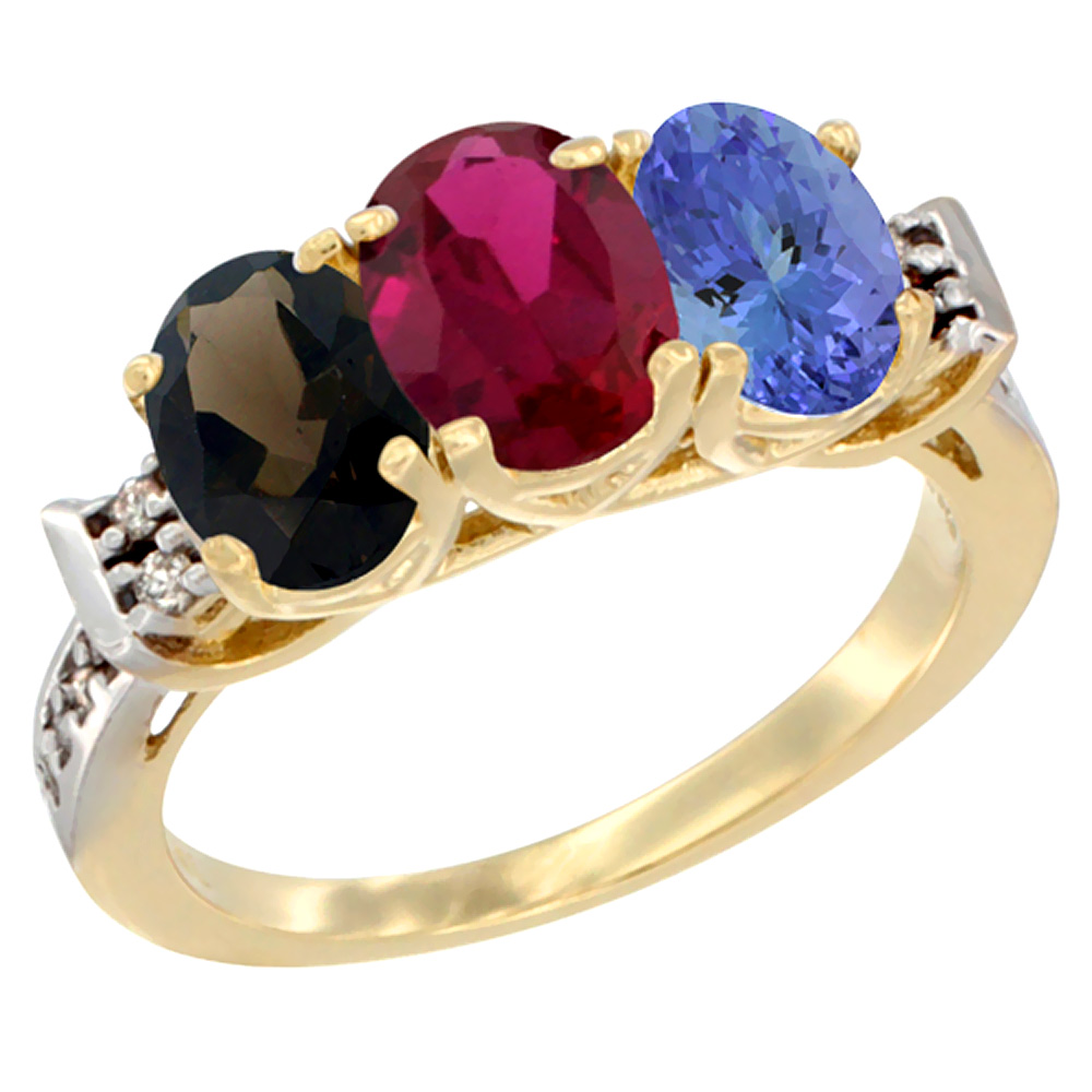 10K Yellow Gold Natural Smoky Topaz, Enhanced Ruby &amp; Natural Tanzanite Ring 3-Stone Oval 7x5 mm Diamond Accent, sizes 5 - 10